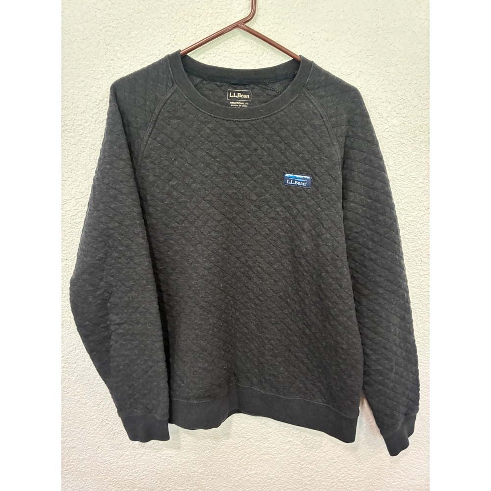 LL Bean Mens Quilted Sweatshirt Charcoal Gray Raglan Pullover Logo Patch Medium